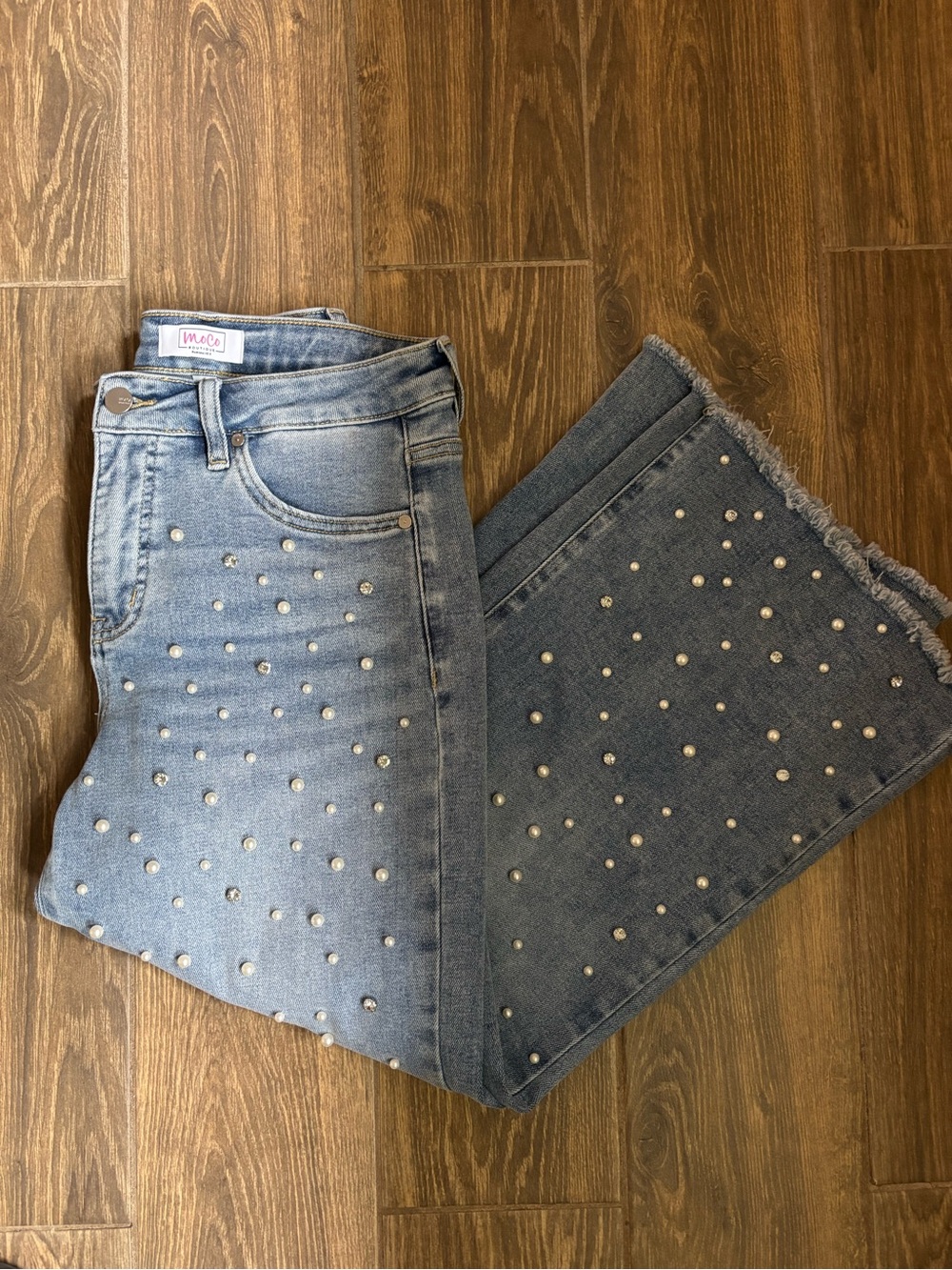 Moco Boutique Blue Pearl and Rhinestone-Embellished Wide Cropped Leg Jeans